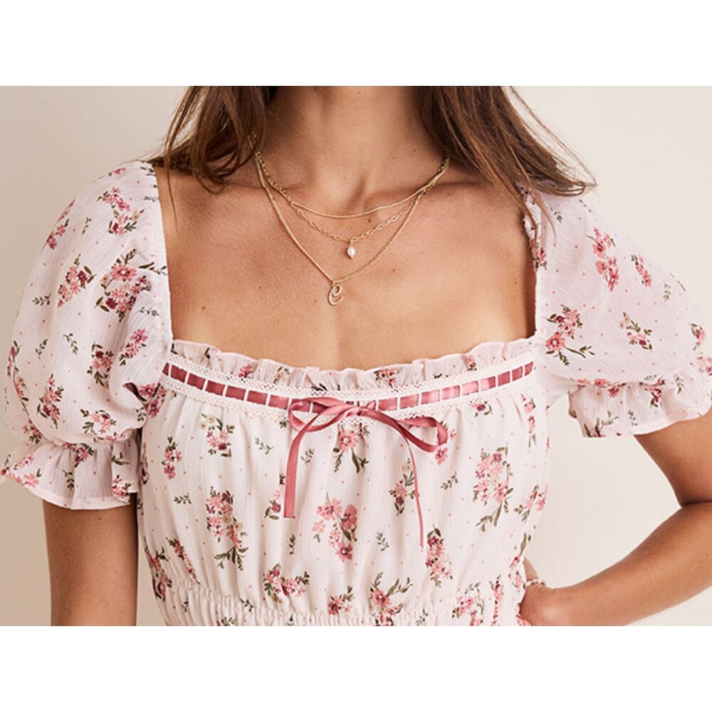 Francesca’s Ella Ditsy Floral Puff Sleeve Midi Dress Pink Mauve Size Medium - Picture 2 of 6